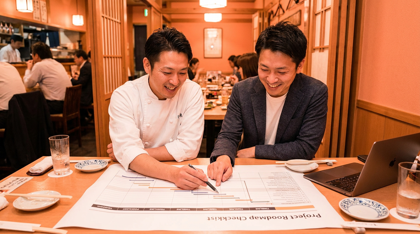 飲食店オーナーと担当者がロードマップを一緒に確認している様子