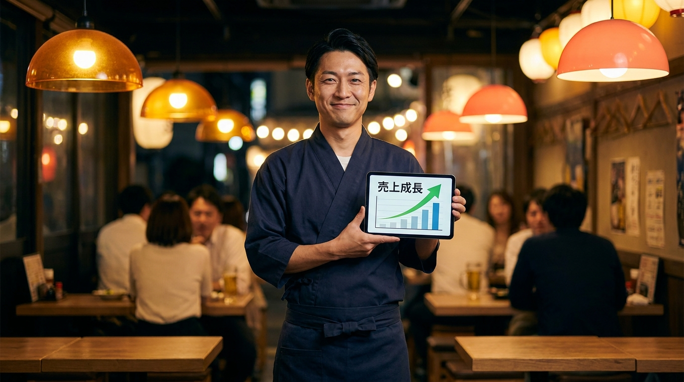 Googleマップ評価の伸びを示すタブレットを掲げ、活気ある店内で微笑む飲食店オーナー
