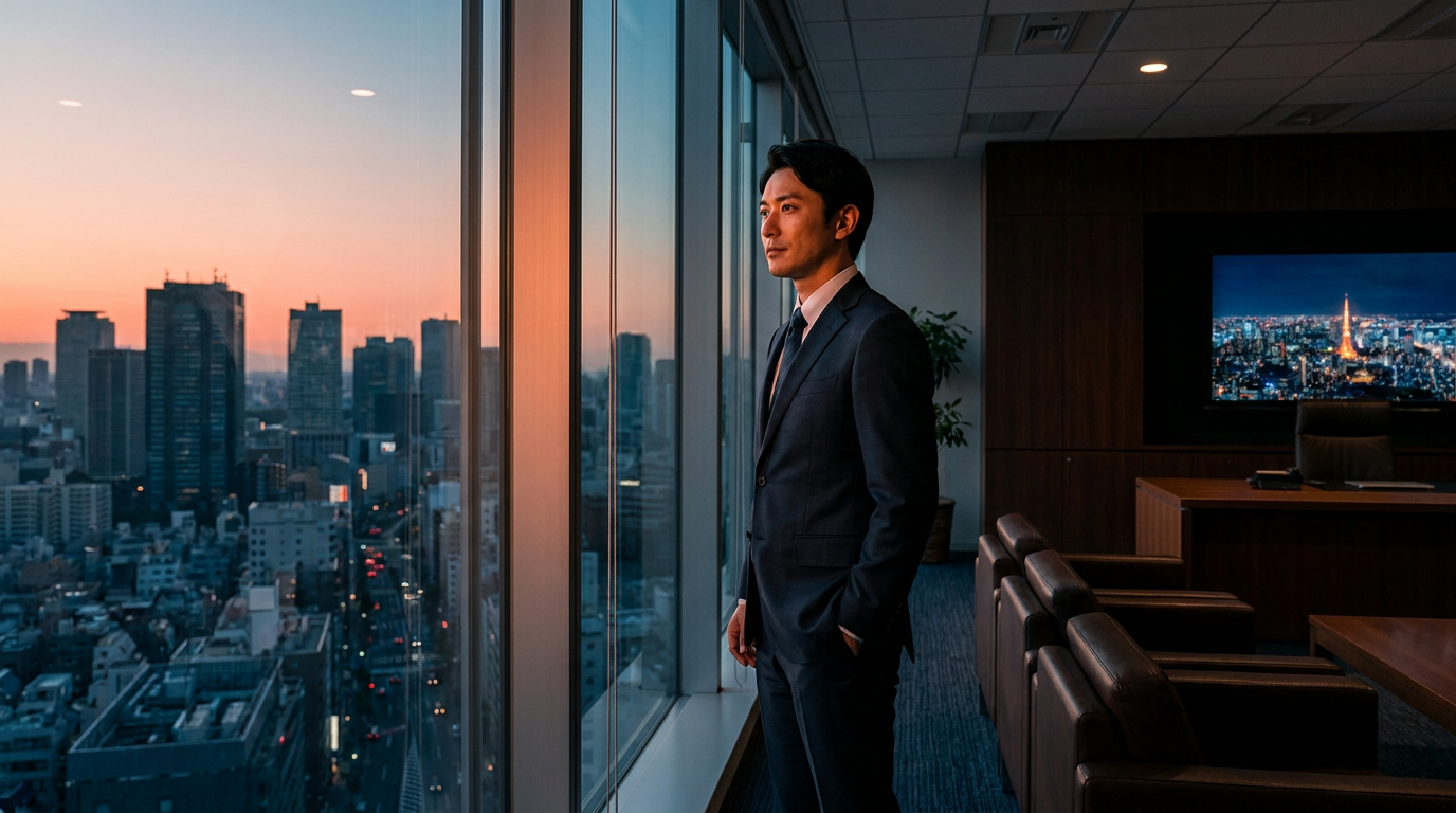 夕暮れの東京を見つめる、静かな決意を持った経営者